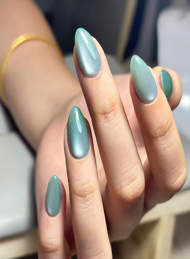 RikView Short Press on Nails Almond Fake Nails Cyan Nails with Cat Eye Finish Glossy Full Cover Nails for Women 30 PCs/Set - Image 1
